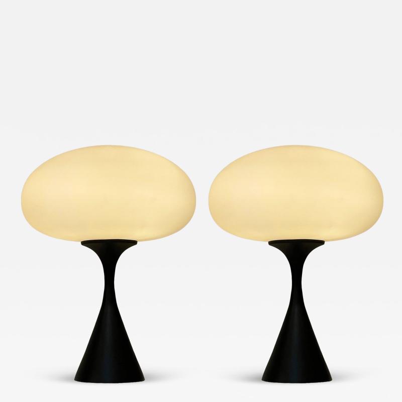  Design Line Pair of Mid Century Modern Table Lamps by Designline in Black White Glass