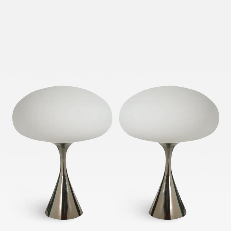  Design Line Pair of Mid Century Modern Table Lamps by Designline in Chrome White Glass