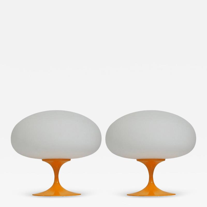  Design Line Pair of Mid Century Tulip Table Lamps by Designline in Orange on White Glass
