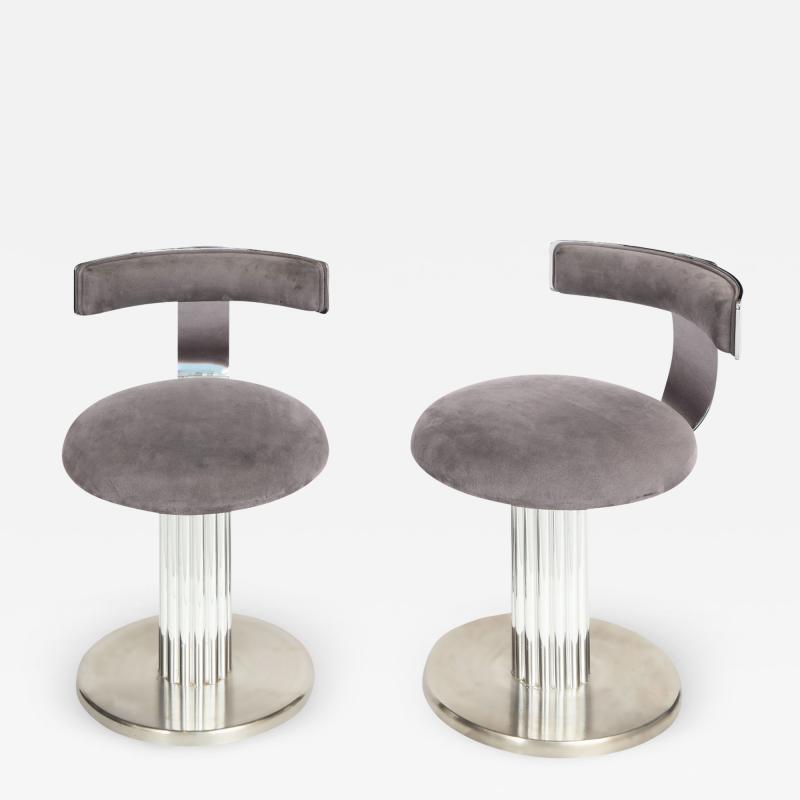  Designs for Leisure Ltd Design For Leisure Pair of Bar Stools in Chrome and Gray Ultrasuede 1970s