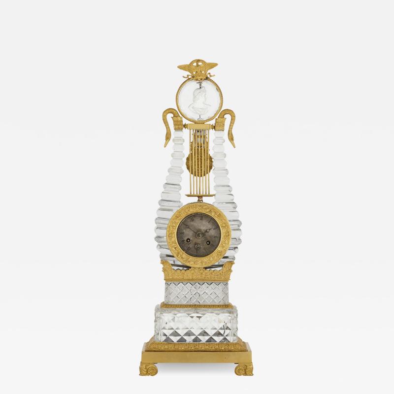  Desprez Restauration gilt bronze mounted crystal lyre mantel clock