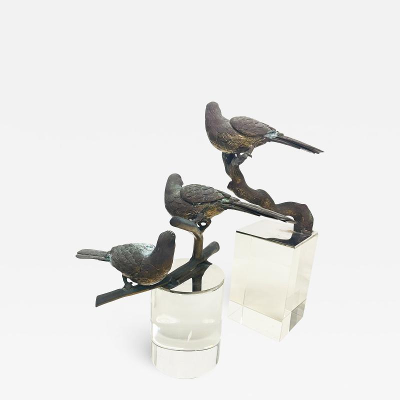  Diego Giacometti Lyrical Birds Modern Bronze Sculpture on Crystal Blocks 1960s Giacometti Style