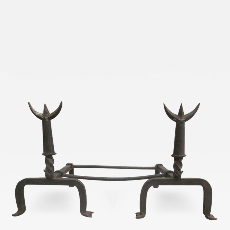  Diego Giacometti Pair French Mid Century Wrought Iron Andirons Fire Tool Spirit of Giacometti