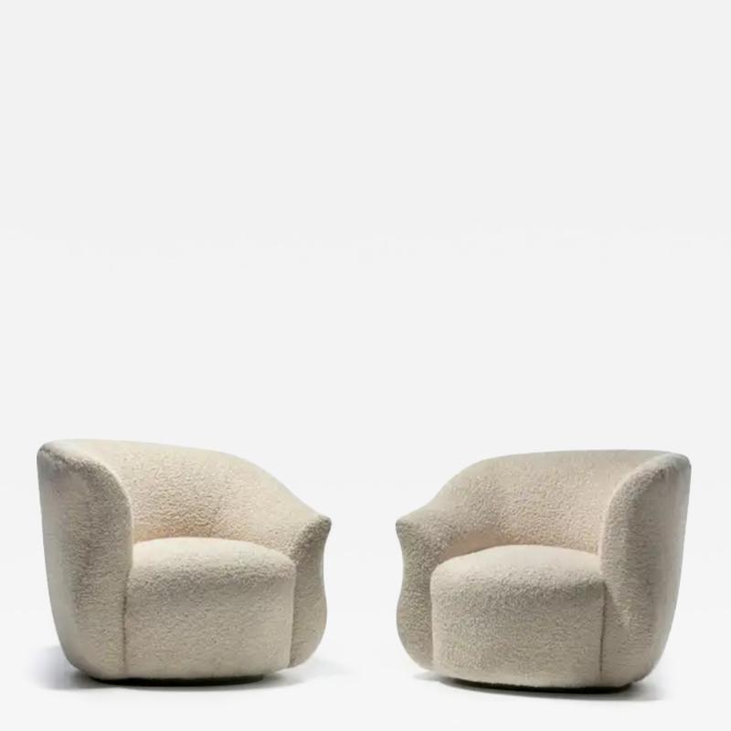  Directional Pair of Post Modern Swivel Chairs Custom Swivel Ottoman in Ivory White Boucl 