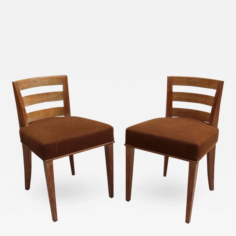  Dominique Pair of French Art Deco Lime Oak Side Chairs by Dominique