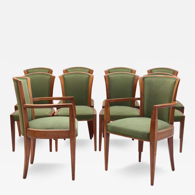  Dominique Set of 10 Fine French Art Deco Walnut Chairs by Dominique 8 Side and 2 Arm 