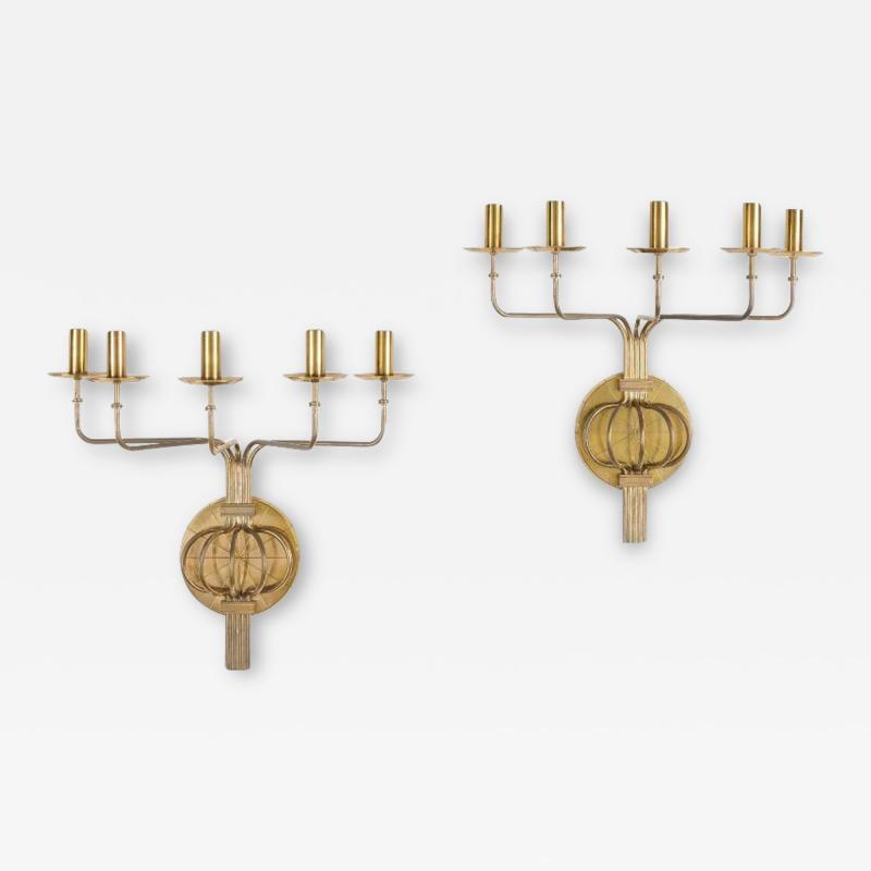  Dorlyn Silversmiths Tommi Parzinger Mid Century Modern Candleholder Sconces Brass USA c 1955