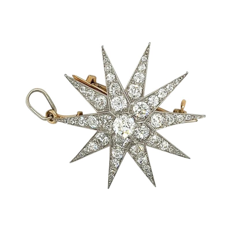  Dreicer Co Old Euro Cut Diamond Star Shaped Pendant or Pin in 18Kt Gold and Platinum