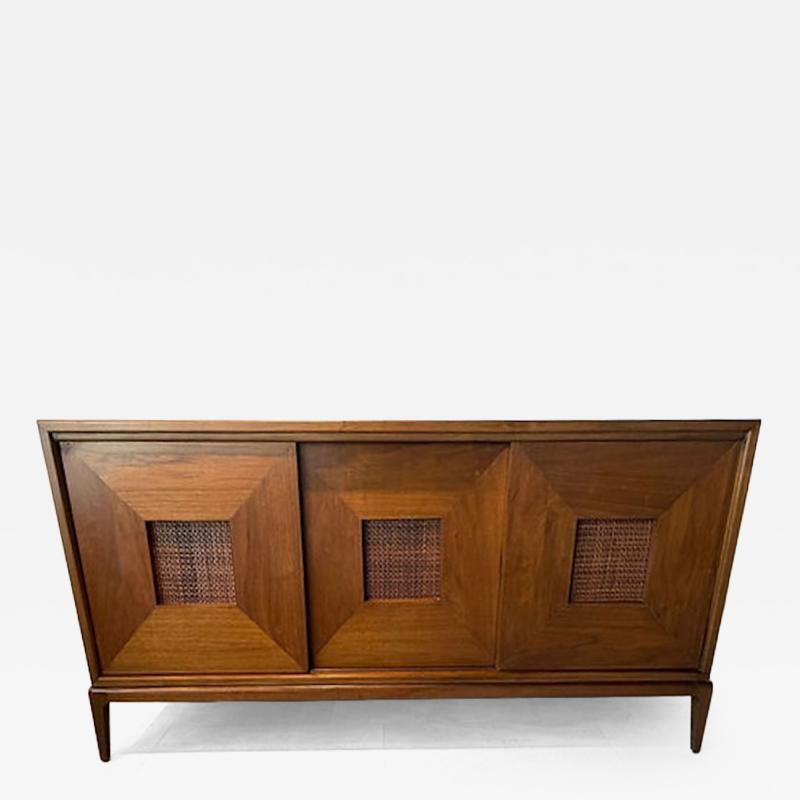  Dunbar American Modern 3 Door Walnut and Cane Credenza Dunbar 1950s