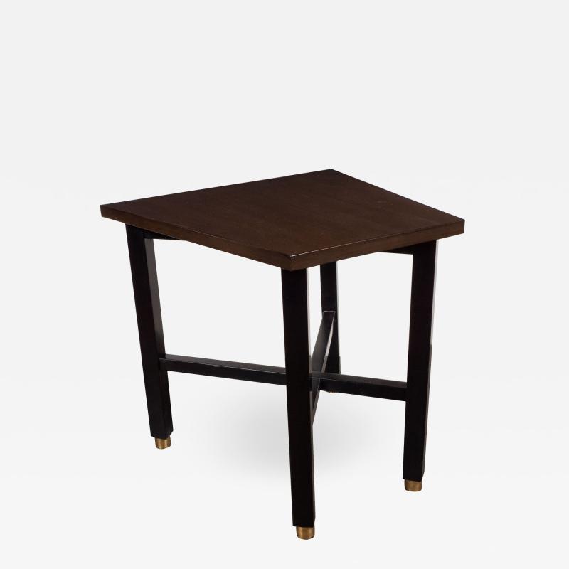  Dunbar Mid Century Modern Trapezoidal Walnut Side Table with Brass Sabots by Dunbar