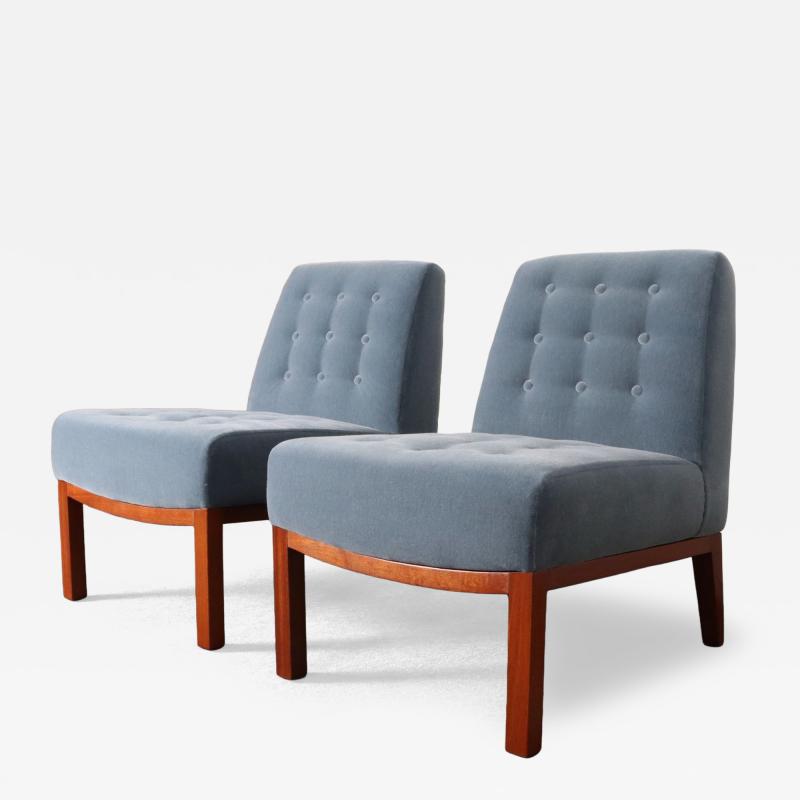  Dunbar Pair of Mahogany and Blue Mohair Slipper Chairs by Edward Wormley for Dunbar