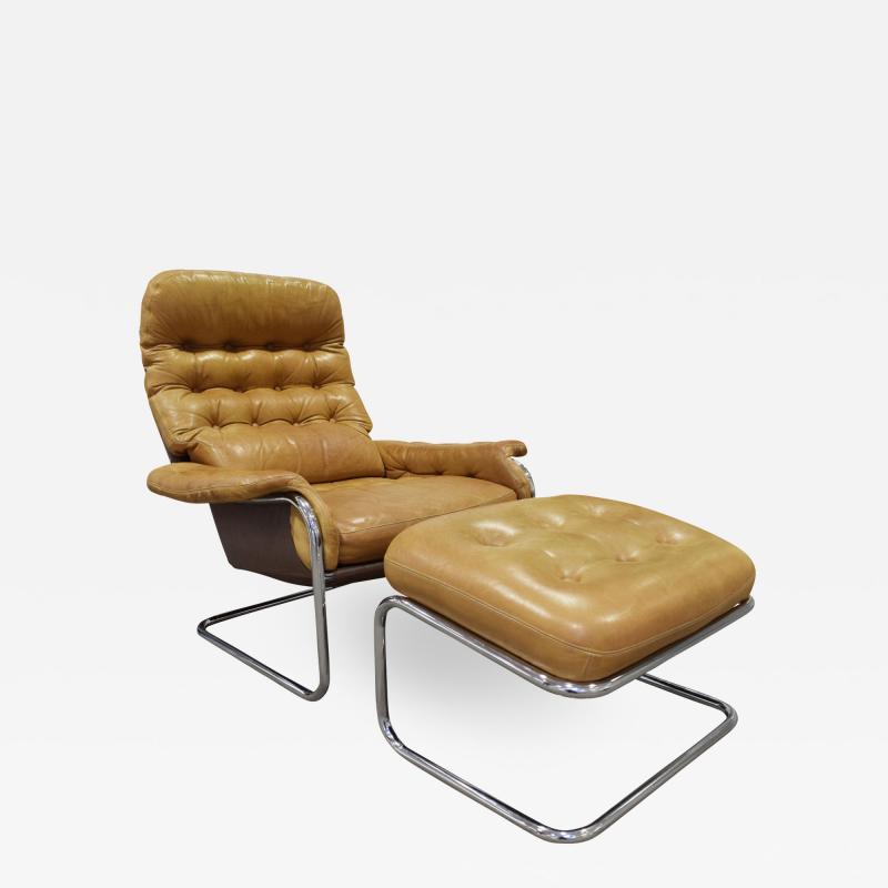  Dux Dux Chair And Ottoman in Polished Chrome and Leather Upholstery 1980s