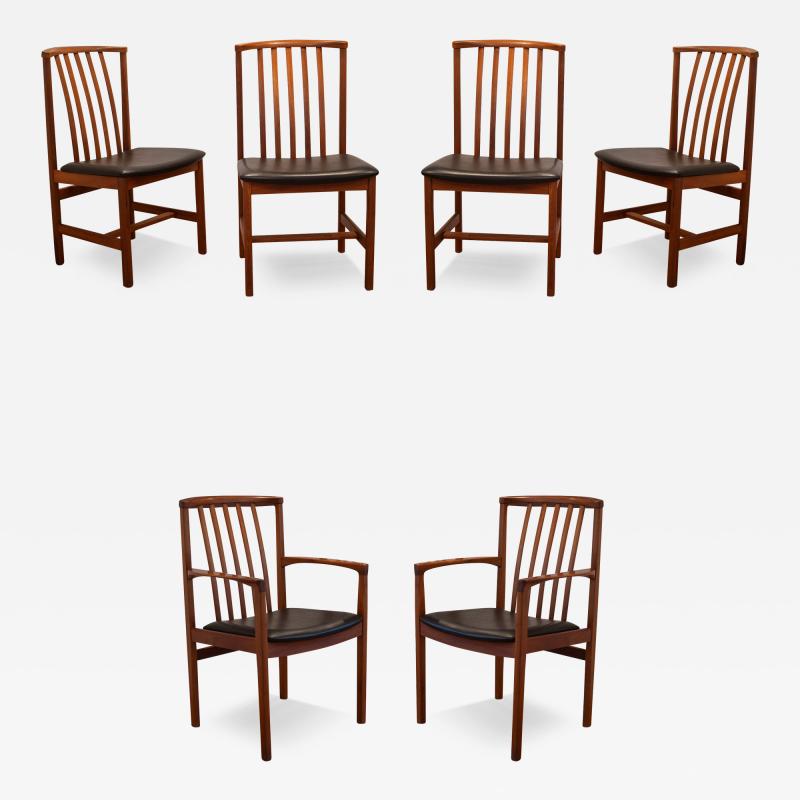  Dux of Sweden Rare 1960s Set of 6 DUX Dining Chairs 2 Arm 4 Side Walnut Black Leather