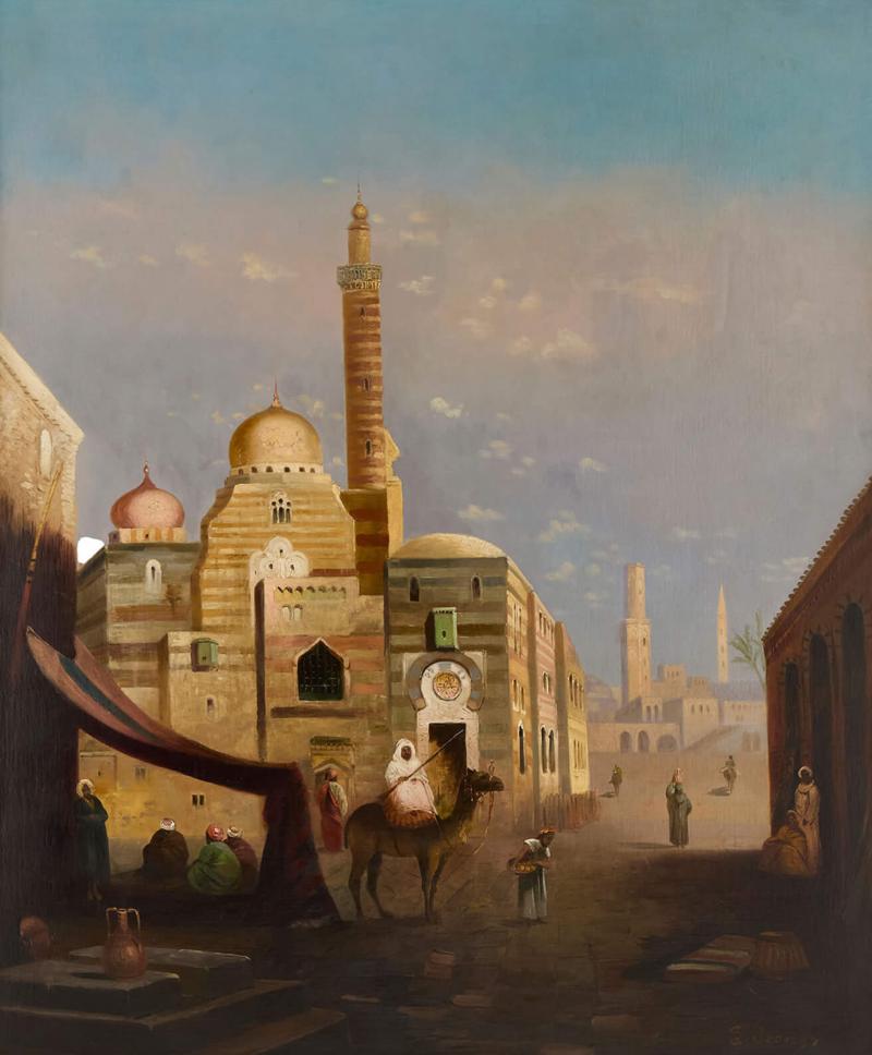  E Jeel Large antique Orientalist oil painting of a street scene by E Jeel