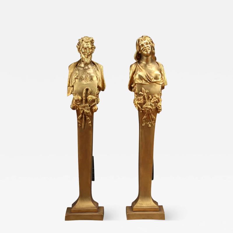  ERNEST COXHEAD PAIR OF ENGLISH RENAISSANCE STYLE ORMOLU BRONZE ANDIRONS BY ERNEST COXHEAD