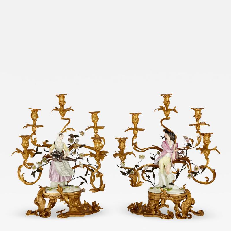  Edme Samson et Cie A pair of large Louis XV style gilt bronze and Samson porcelain candelabra