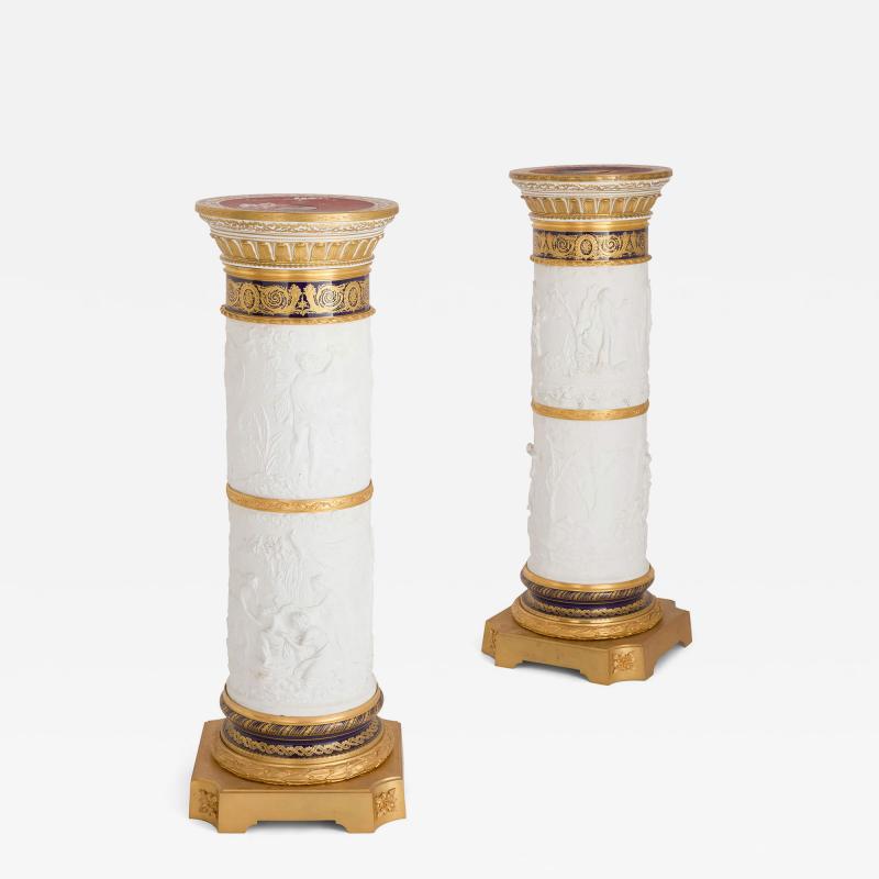  Edme Samson et Cie Antique French pair of ormolu mounted bisque porcelain pedestals
