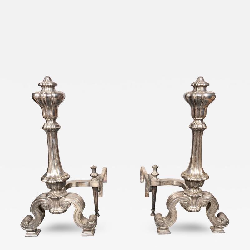  Edward F Caldwell Co Caldwell Lighting Pair Of Silvered Brass Andirons Attributed To E F Caldwell