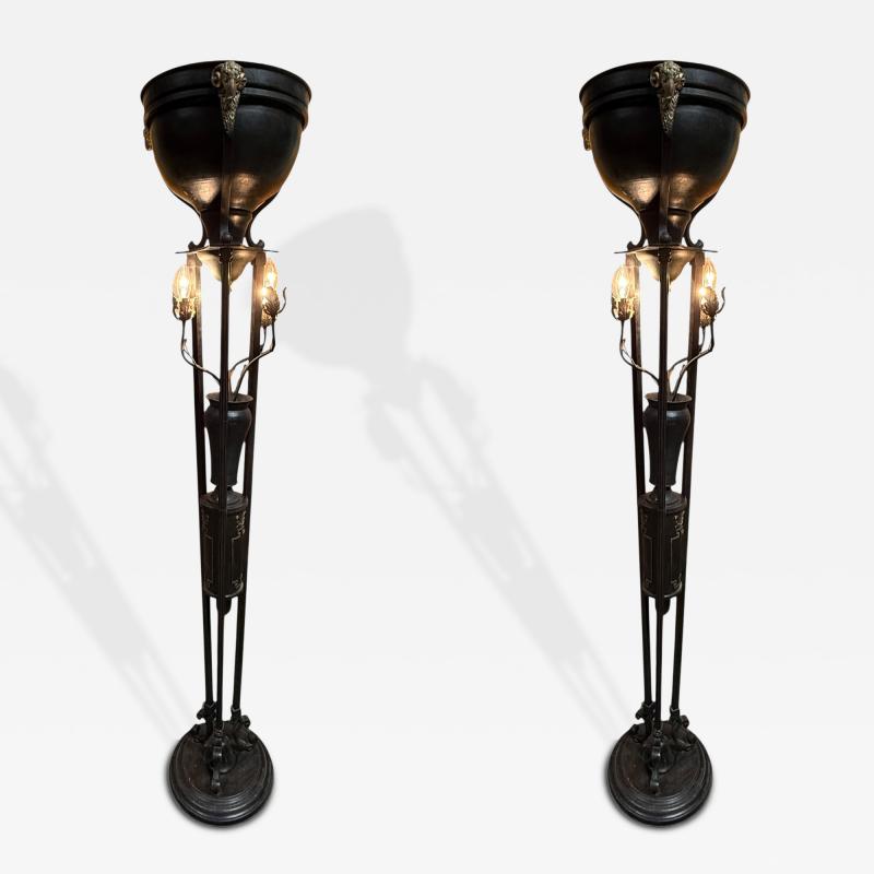  Edward F Caldwell Co Caldwell Lighting SUPERB PAIR OF PATINATED BRONZE FIGURAL BRASS RAM HEAD NEOCLASSICAL TORCHIERES