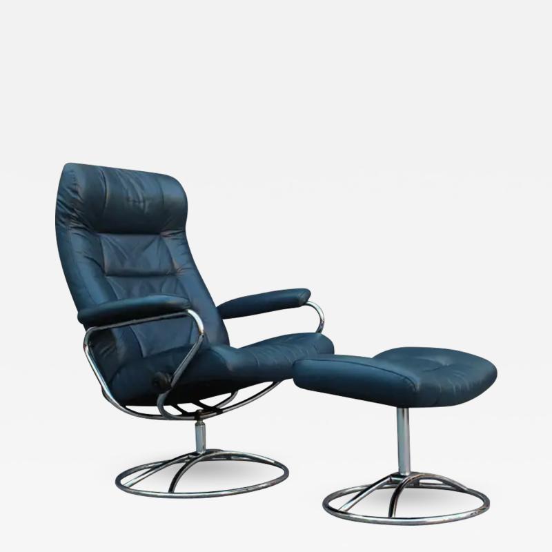  Ekornes Stressless Ekornes Stressless Stressless Lounge Chair Ottoman Navy Blue Leather Steel