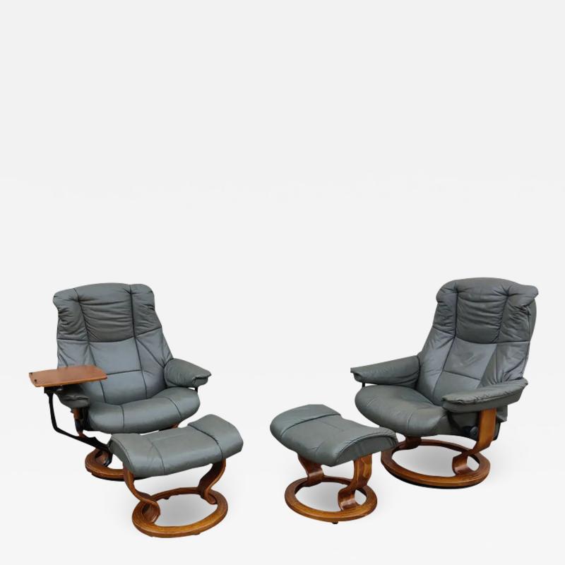  Ekornes Stressless Pair Ekornes Stressless Adjustable Slate Leather Recliners Tray Table Ottomans