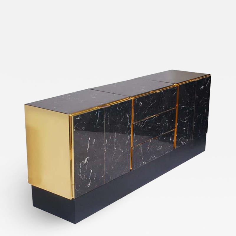  Ello Furniture Co Hollywood Regency Tessellated Black Marble and Brass Credenza or Cabinet by Ello