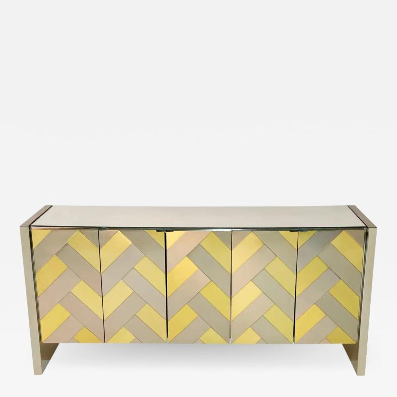  Ello Furniture Co Mid Century Modern Brass Brushed Steel Herringbone Credenza or Cabinet by Ello