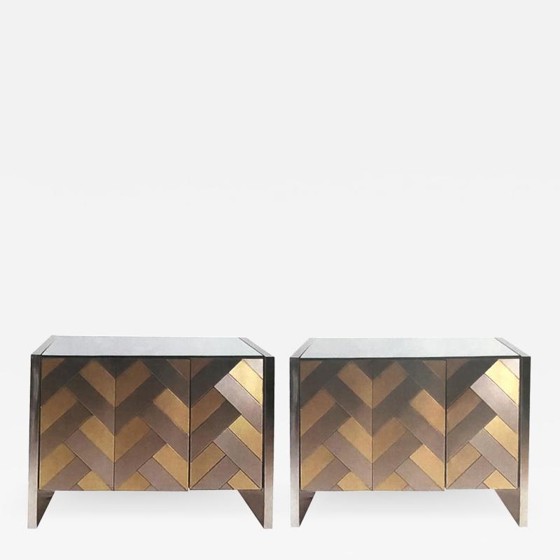  Ello Pair of Hollywood regency satin brass and polished steel cabinets by Ello