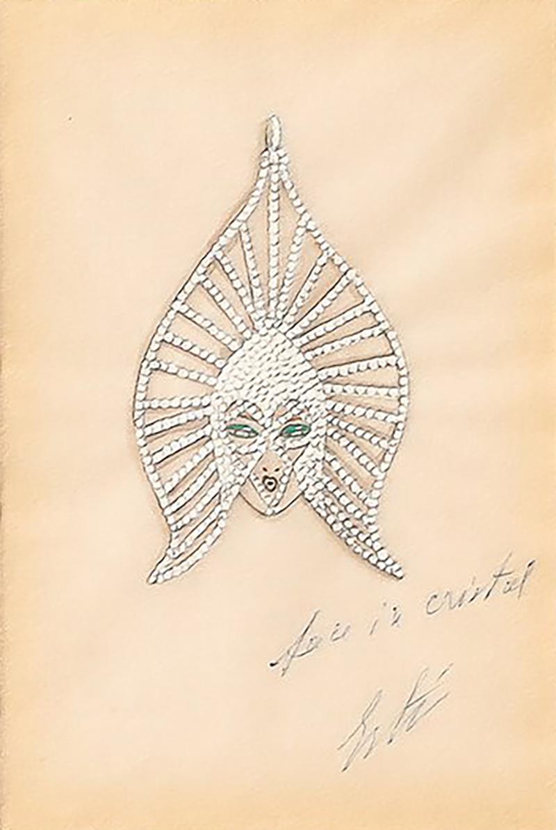 Ert Art Deco Original Costume Design Crystal Headdress Gouache Painting signed Ert 