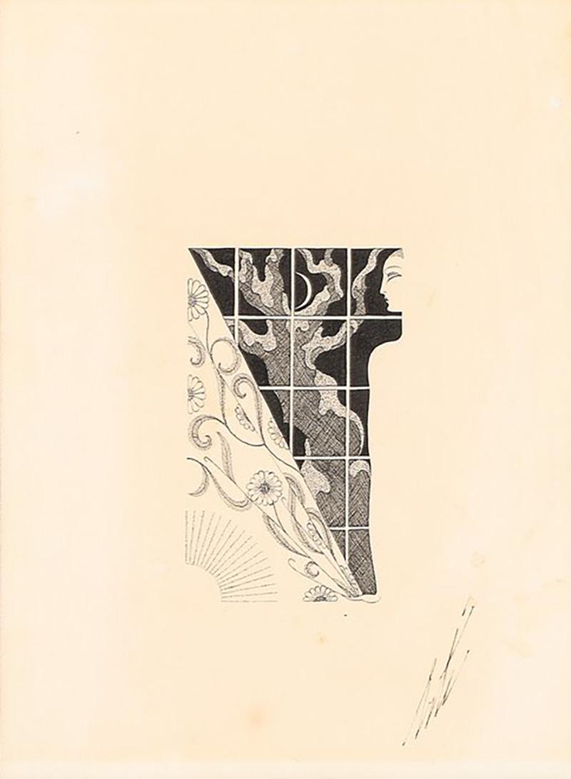  Ert Art Deco Woman and Window Pen Ink Drawing on Paper signed Ert 