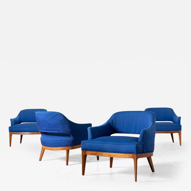  Erwin Lambeth Erwin Lambeth Open Back Lounge Chairs in Raw Blue Silk with Walnut Frames 1960s