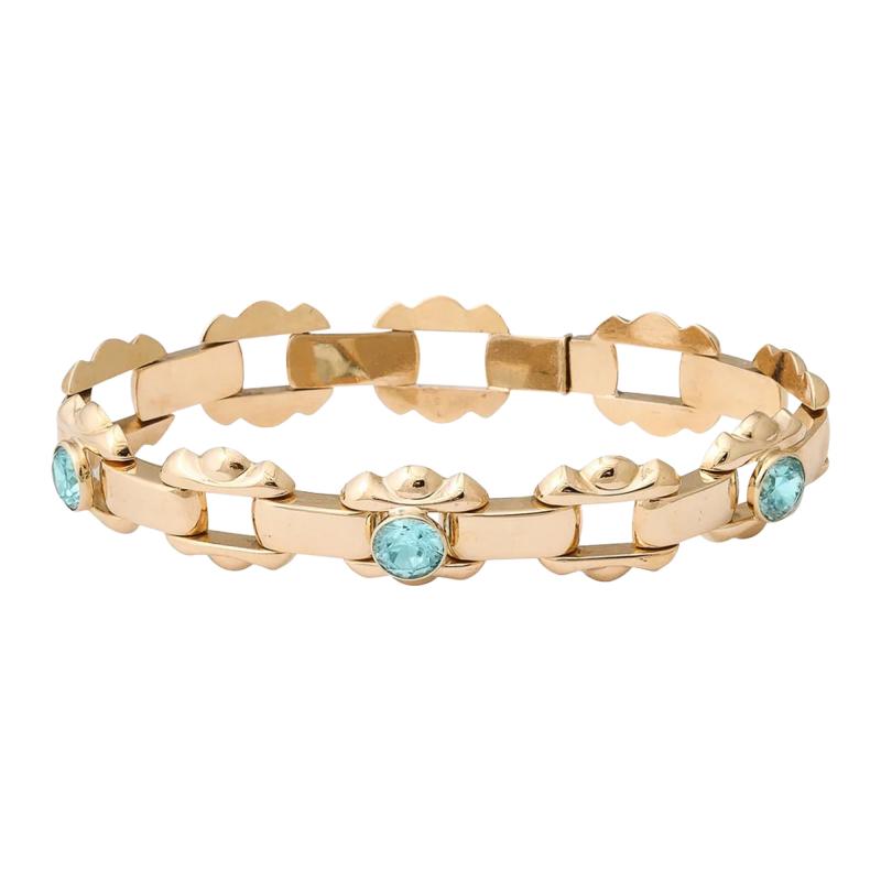  Esemco Art Deco Esemco Articulating 14k Gold Bracelet with Round Cut Aquamarines