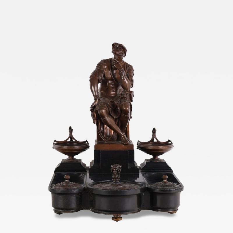  F Barbedienne Foundry Antique F Barbedienne French Bronze Seated Roman Bronze Marble Inkwell