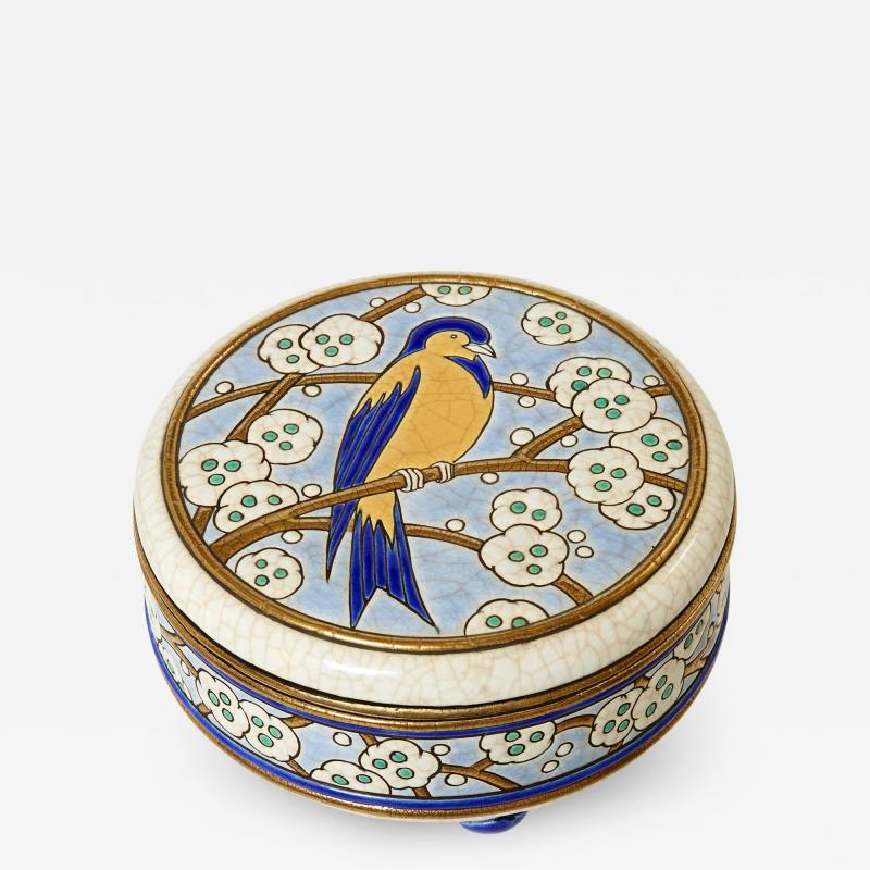  Fa enceries et Emaux de Longwy Large round bird Art deco box Emaux de Longwy 1940