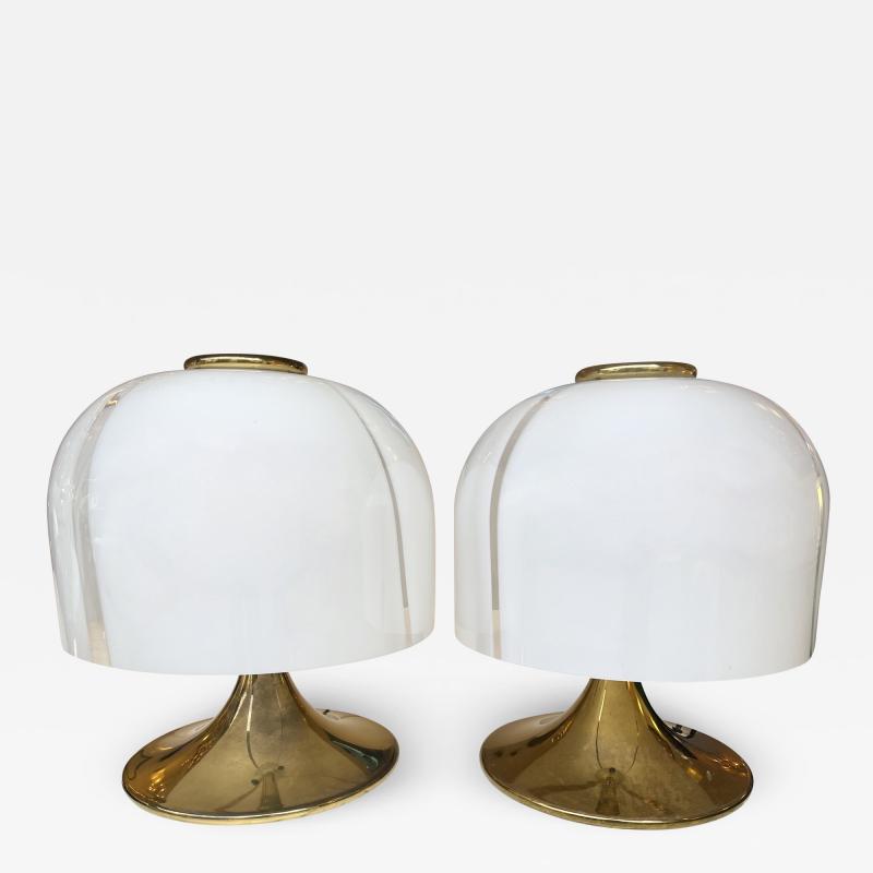  Fabbian Pair of Mushroom Lamps Brass and Murano Glass by F Fabbian Italy 1970s