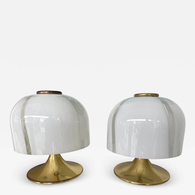  Fabbian Pair of Mushroom Lamps Brass and Murano Glass by F Fabbian Italy 1970s