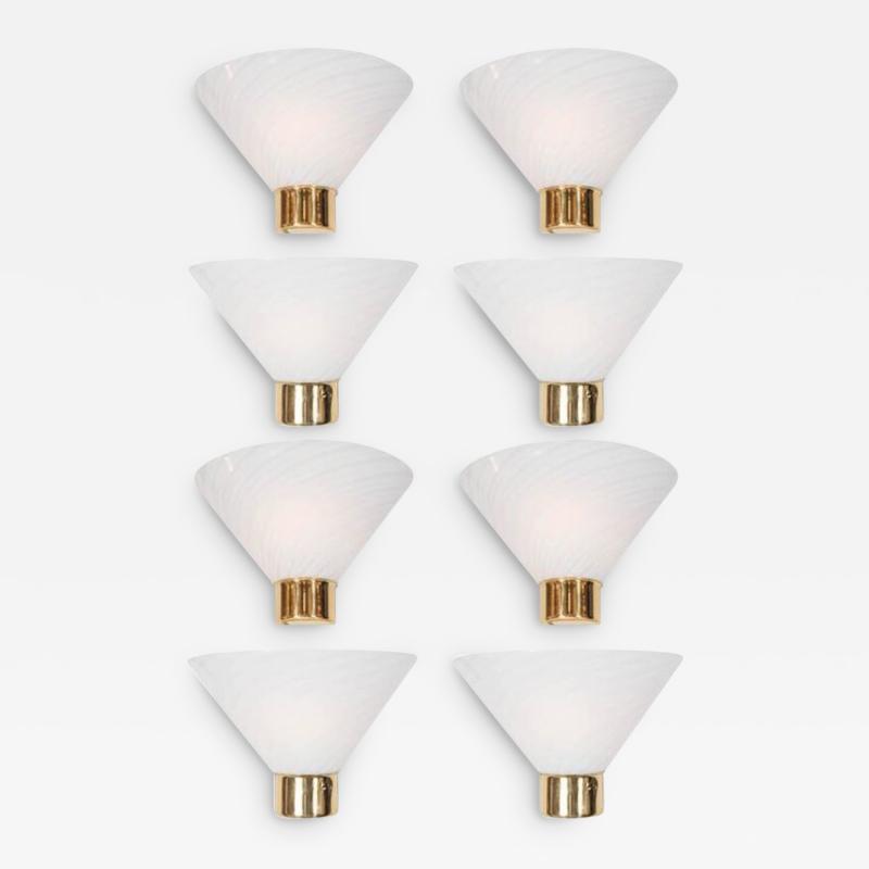  Fabbian Set of 8 Mid Century Murano Glass Cone Sconces with Brass Detail by Fabbian