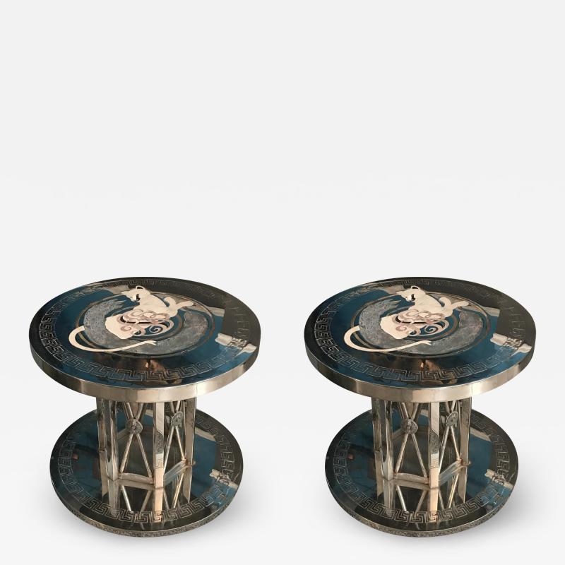  Faberg STUNNING PAIR OF NICKELED BRONZE INLAID STONE MODERN TABLES