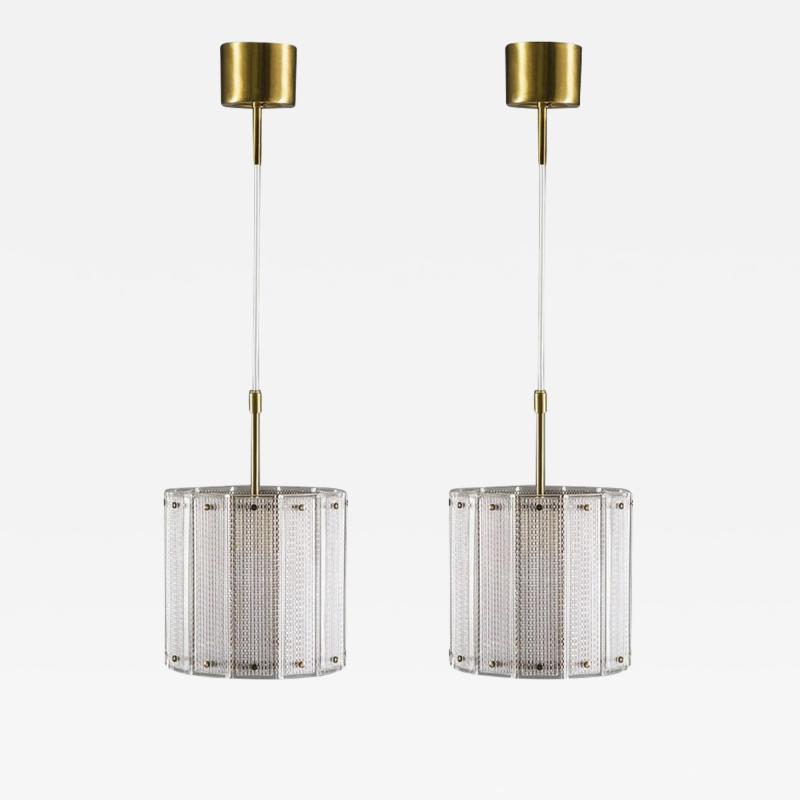  Falkenberg Pair of Swedish Mid Century Modern Pendants in Glass and Brass