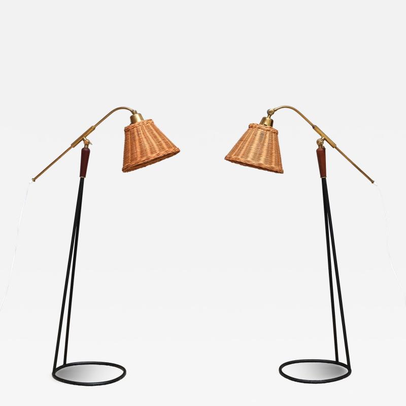  Falkenbergs Belysning Pair of Falkenbergs Belysning Floor Lamps Brass Rattan and Metal Sweden 1950s