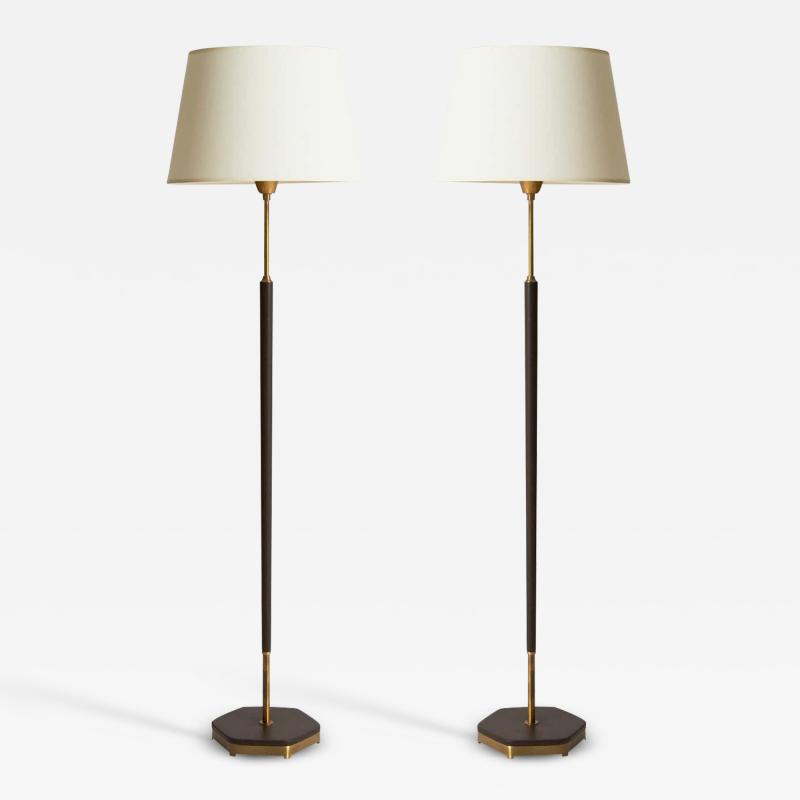  Falkenbergs Belysning Pair of Faux Brown Leather and Brass Floor Lamps by Falkenbergs Belysning