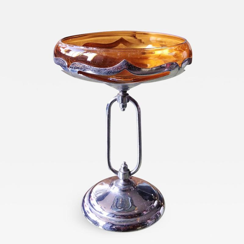  Farber Bros Art Deco Amber Glass Bowl on a Chrome Stand made in NY