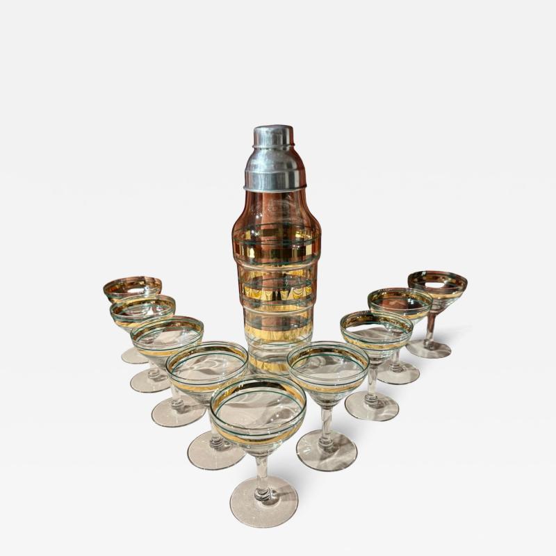  Federal Glass Company Rare Federal Glass Company Cocktail Set with Green and Gold Stripes