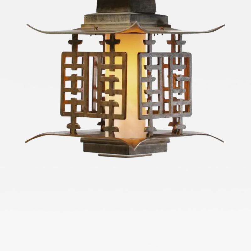  Feldman Lighting Co Large Chinoiserie Pagoda Mid Century Brass Lantern Light Fixture c 1950