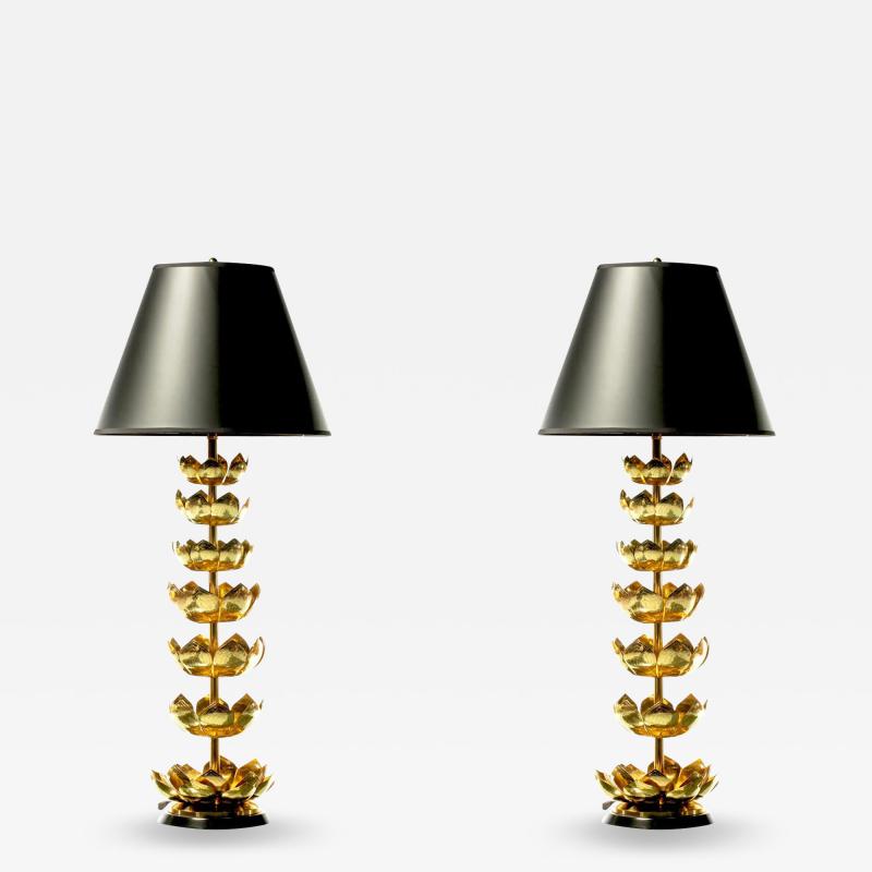  Feldman Lighting Co Pair of Hollywood Regency Tall Brass Lotus Lamps by Feldman Lighting circa 1960s