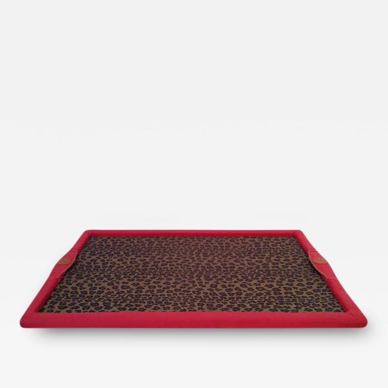  Fendi Fendi Red Leather Leopard Print Glass Bar Tray