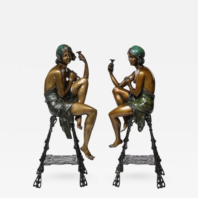  Ferdinando De Luca Art Deco Bronze Copper Sculptures of Seated Flappers by Ferdinando De Luca