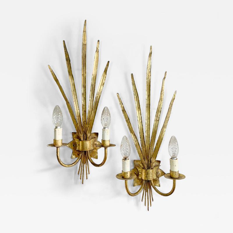  Ferro Art Pair Of Very Large 1950S Gold Reed Leaf Wall Lights By Ferro Art