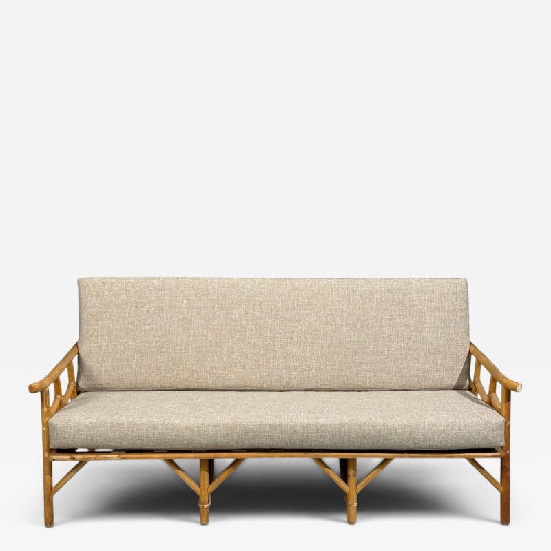  Ficks Reed Ficks Reed Three Seater Sofa Bamboo Cane Beige Tweed USA 1950s