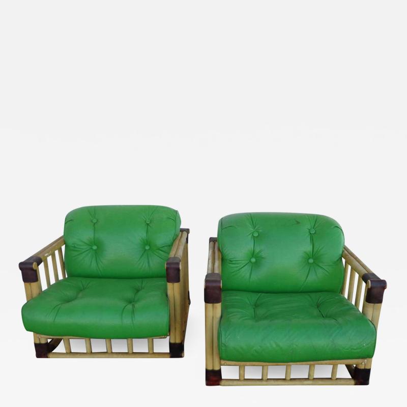  Ficks Reed Pair of Original Bamboo Tufted Green Rattan Lounge Chairs by Ficks Reed 1970s